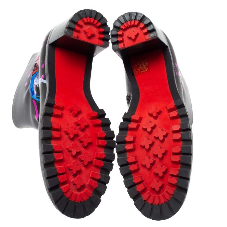 Pre Owned Christian Louboutin Black Love Print Leather Ankle Boots Size 39.5