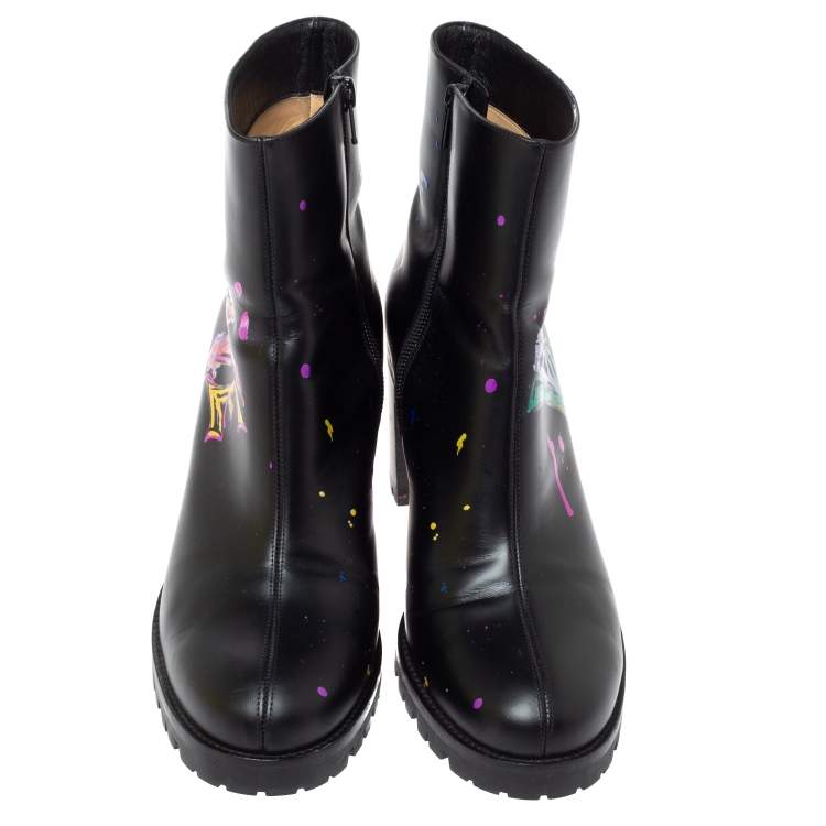 Pre Owned Christian Louboutin Black Love Print Leather Ankle Boots Size 39.5