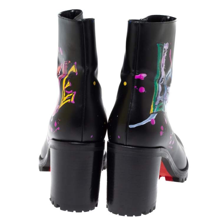 Pre Owned Christian Louboutin Black Love Print Leather Ankle Boots Size 39.5