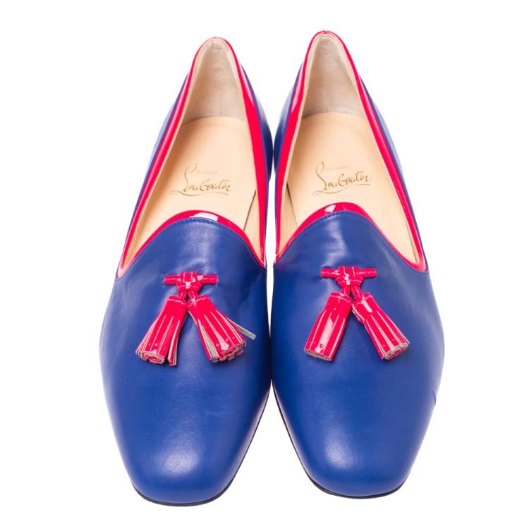 مملوكة مسبقًا Christian Louboutin Blue/Neon Pink Leather Lady Moc Tassel Smoking Slippers Size 38