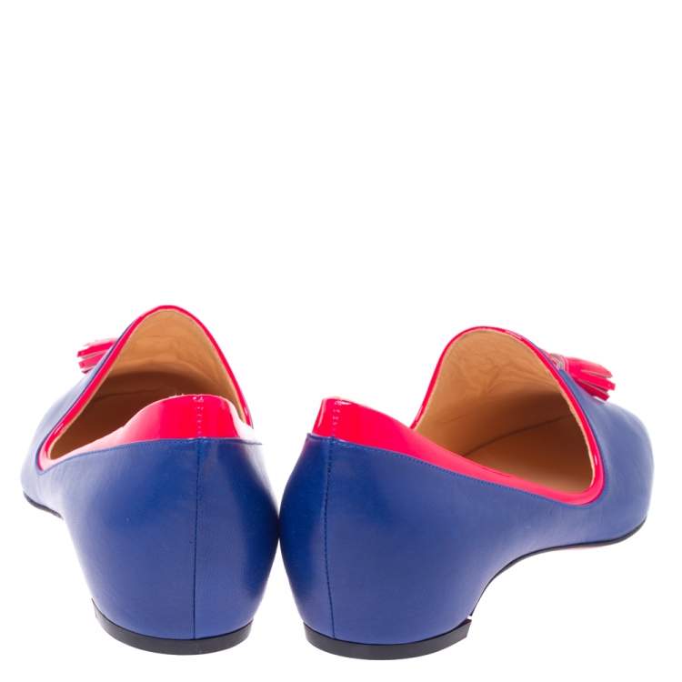 مملوكة مسبقًا Christian Louboutin Blue/Neon Pink Leather Lady Moc Tassel Smoking Slippers Size 38