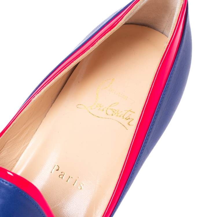 مملوكة مسبقًا Christian Louboutin Blue/Neon Pink Leather Lady Moc Tassel Smoking Slippers Size 38