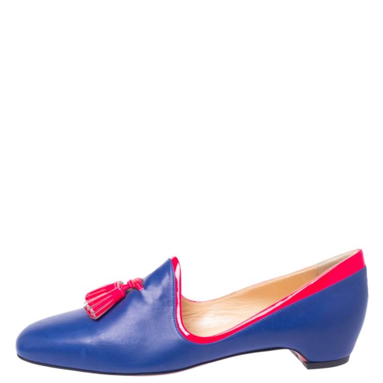 مملوكة مسبقًا Christian Louboutin Blue/Neon Pink Leather Lady Moc Tassel Smoking Slippers Size 38
