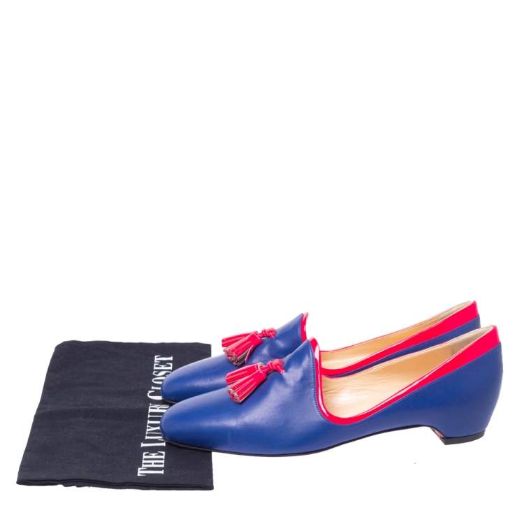 مملوكة مسبقًا Christian Louboutin Blue/Neon Pink Leather Lady Moc Tassel Smoking Slippers Size 38