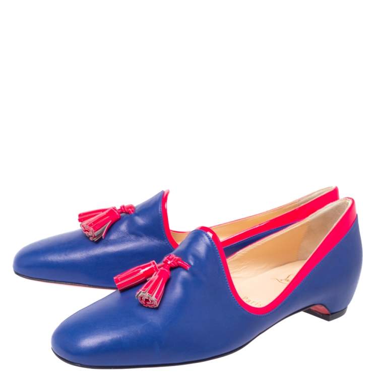 مملوكة مسبقًا Christian Louboutin Blue/Neon Pink Leather Lady Moc Tassel Smoking Slippers Size 38