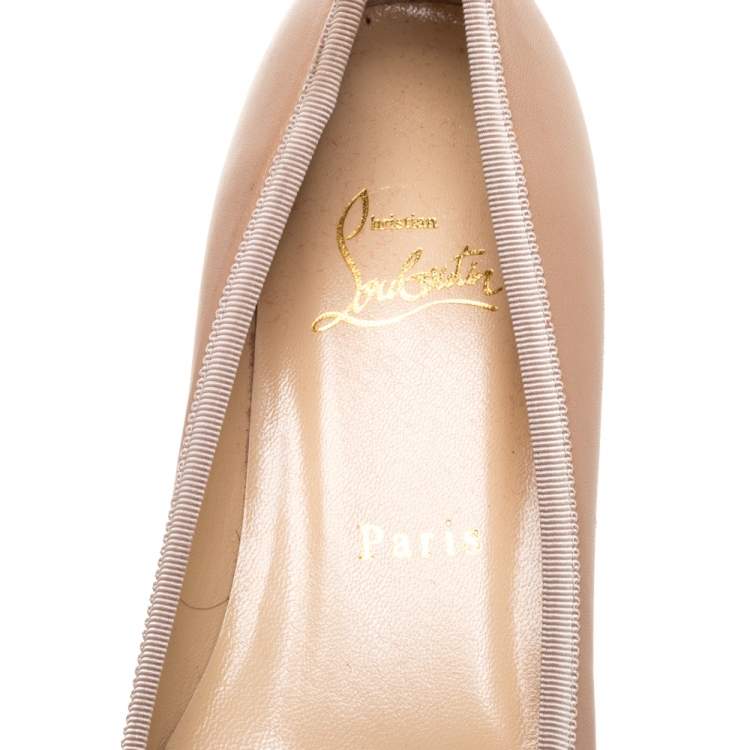 Pre Owned Christian Louboutin Beige Leather Bow Pointed Toe Ballet Flats Size 37.5