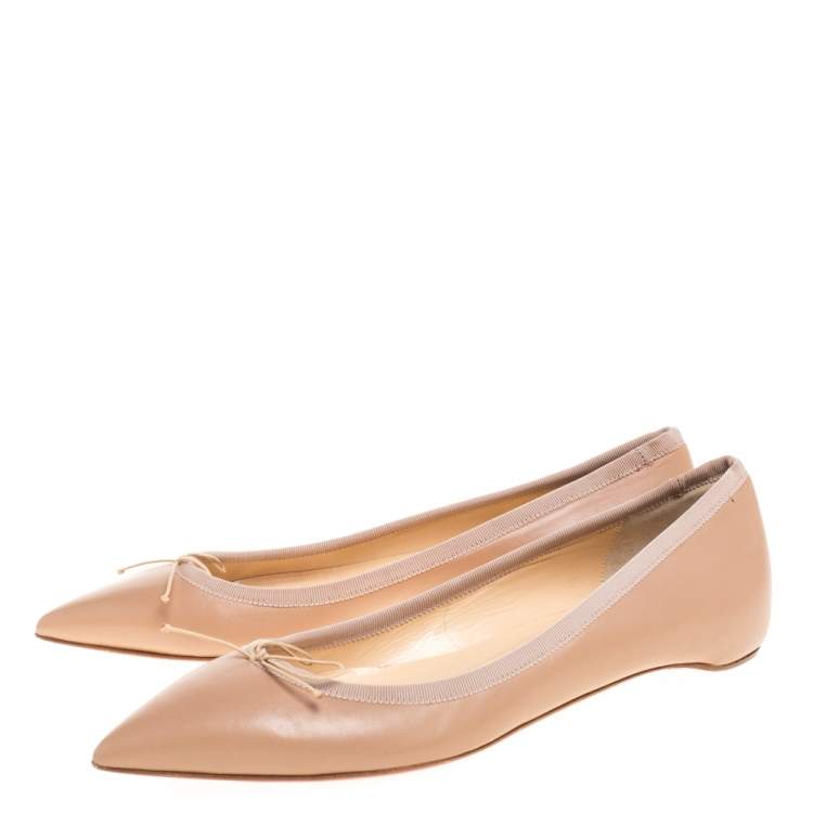 Pre Owned Christian Louboutin Beige Leather Bow Pointed Toe Ballet Flats Size 37.5