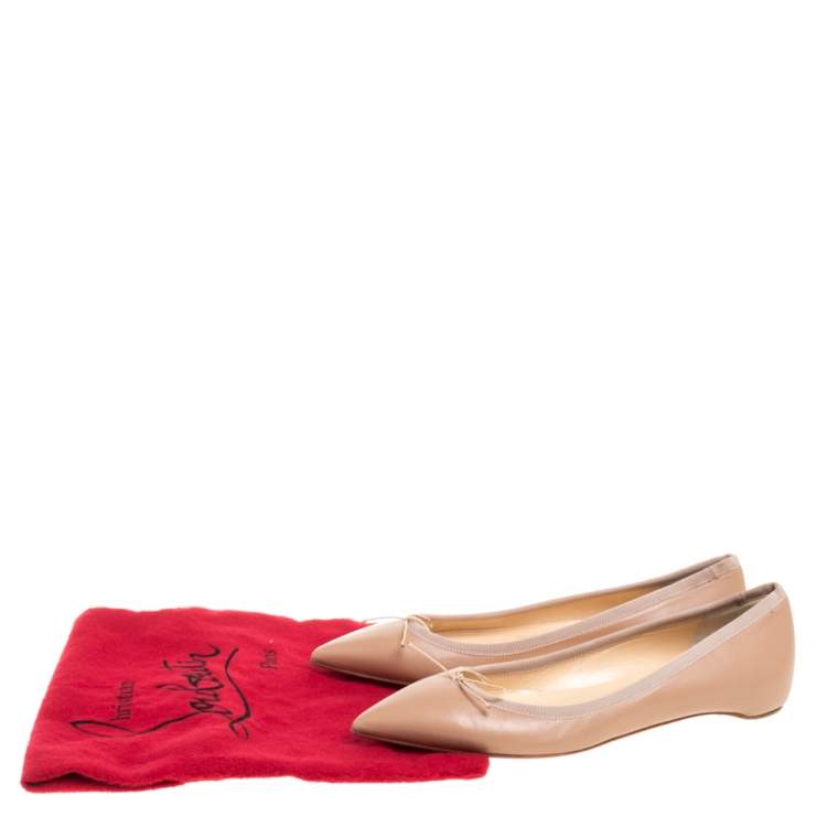Pre Owned Christian Louboutin Beige Leather Bow Pointed Toe Ballet Flats Size 37.5