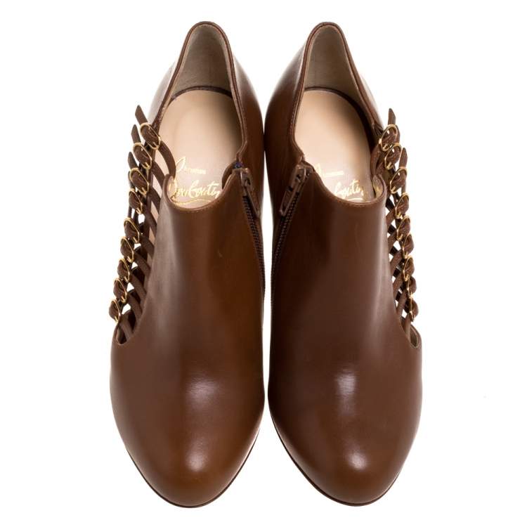 Pre Owned Christian Louboutin Brown Leather Safety 100 Buckle Detail Ankle Booties Size 39