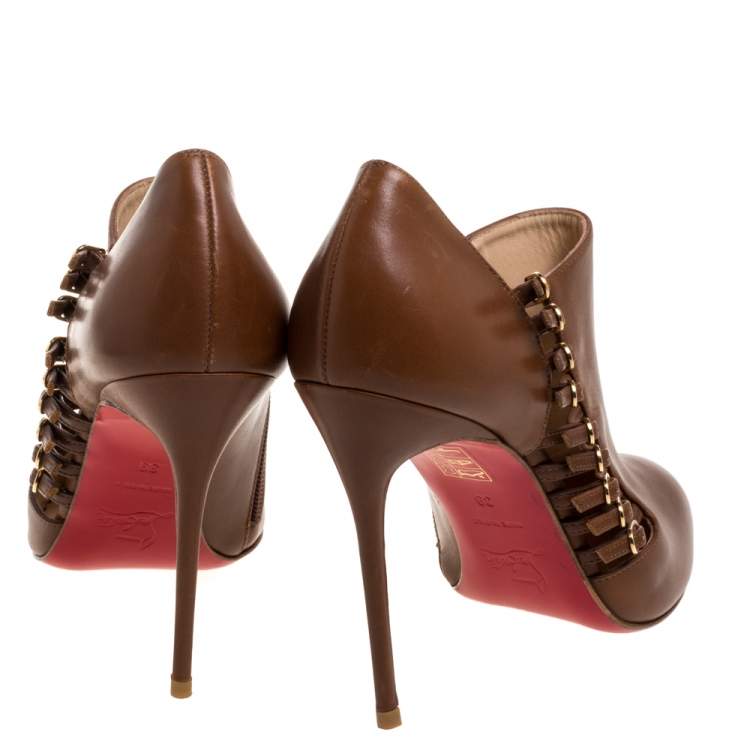 Pre Owned Christian Louboutin Brown Leather Safety 100 Buckle Detail Ankle Booties Size 39
