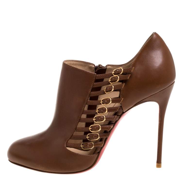 Pre Owned Christian Louboutin Brown Leather Safety 100 Buckle Detail Ankle Booties Size 39