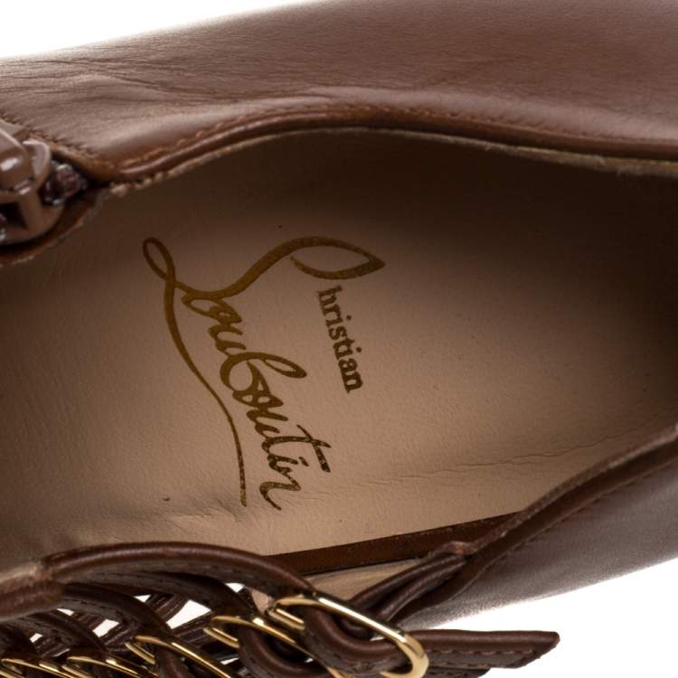 Pre Owned Christian Louboutin Brown Leather Safety 100 Buckle Detail Ankle Booties Size 39