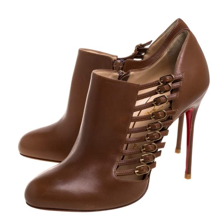 Pre Owned Christian Louboutin Brown Leather Safety 100 Buckle Detail Ankle Booties Size 39