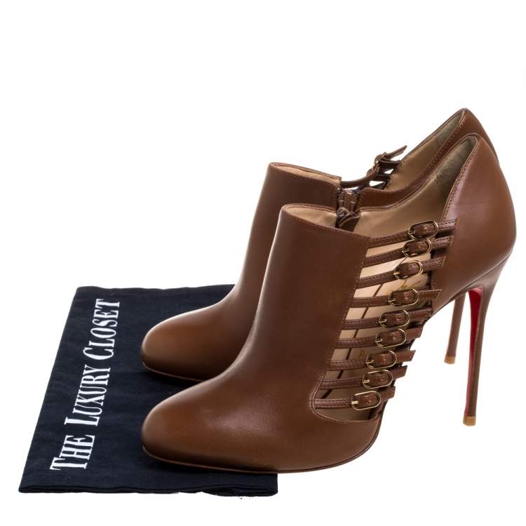 Pre Owned Christian Louboutin Brown Leather Safety 100 Buckle Detail Ankle Booties Size 39