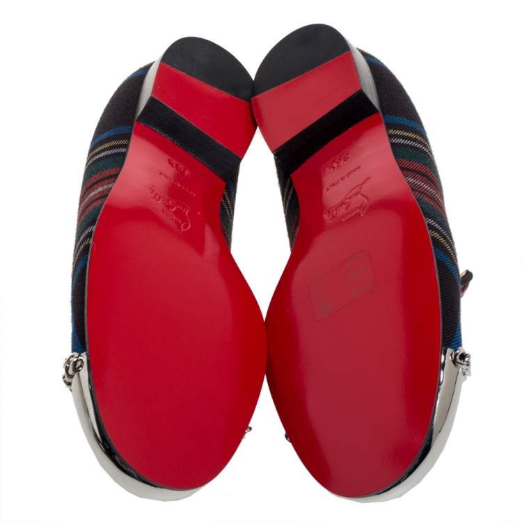 Pre Owned Christian Louboutin Multicolor Fabric Rollergirl Chain-Link Slip On Loafers Size 36.5
