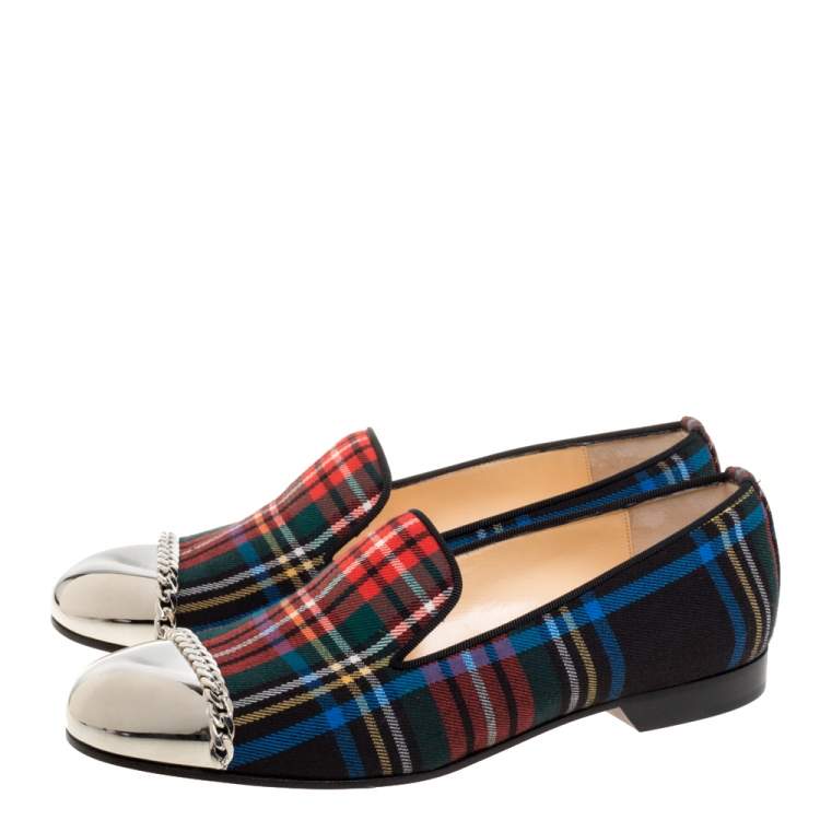 Pre Owned Christian Louboutin Multicolor Fabric Rollergirl Chain-Link Slip On Loafers Size 36.5