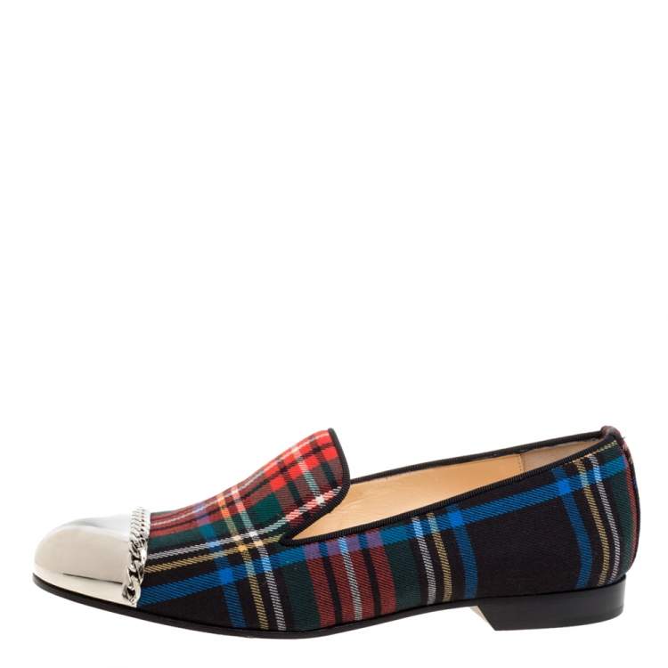 Pre Owned Christian Louboutin Multicolor Fabric Rollergirl Chain-Link Slip On Loafers Size 36.5
