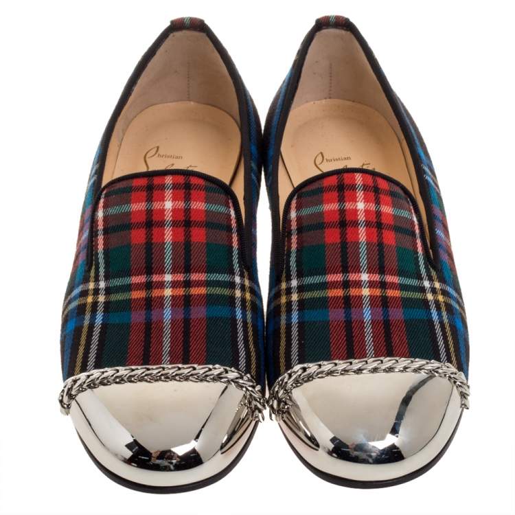 Pre Owned Christian Louboutin Multicolor Fabric Rollergirl Chain-Link Slip On Loafers Size 36.5