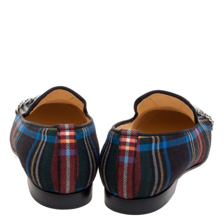 Pre Owned Christian Louboutin Multicolor Fabric Rollergirl Chain-Link Slip On Loafers Size 36.5