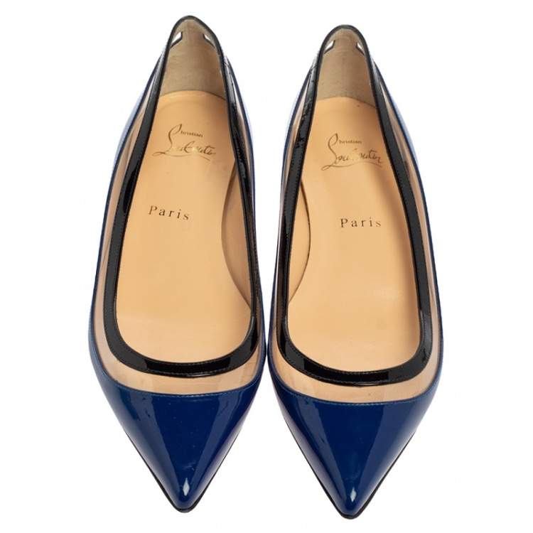 مملوكة مسبقًا Christian Louboutin Blue/Black Patent Leather And PVC Paulina Pointed Toe Flats Size 37.5