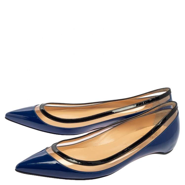 مملوكة مسبقًا Christian Louboutin Blue/Black Patent Leather And PVC Paulina Pointed Toe Flats Size 37.5