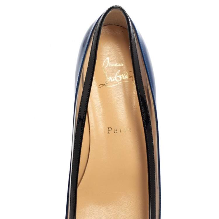 مملوكة مسبقًا Christian Louboutin Blue/Black Patent Leather And PVC Paulina Pointed Toe Flats Size 37.5