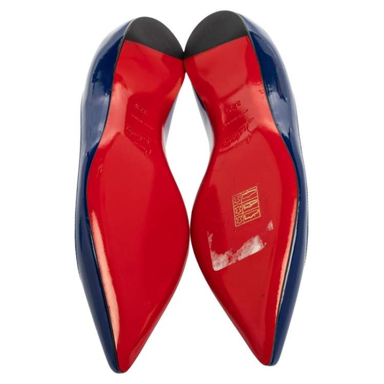 مملوكة مسبقًا Christian Louboutin Blue/Black Patent Leather And PVC Paulina Pointed Toe Flats Size 37.5