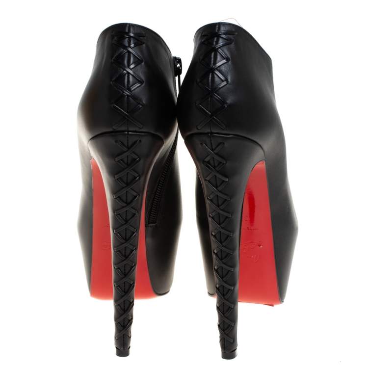 Pre Owned Christian Louboutin Black Leather Recouzetta Peep Toe Platform Booties Size 38