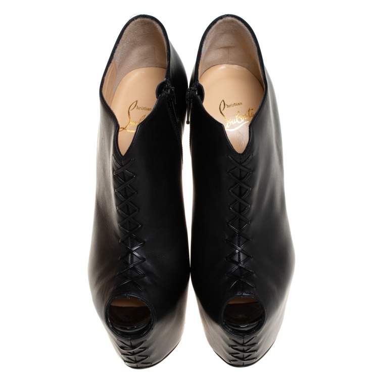 Pre Owned Christian Louboutin Black Leather Recouzetta Peep Toe Platform Booties Size 38
