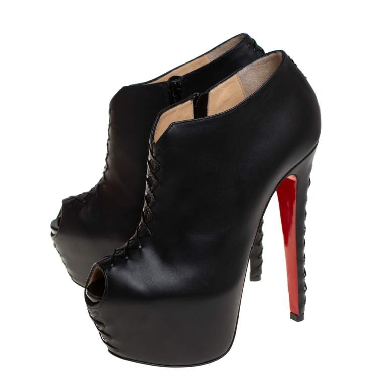 Pre Owned Christian Louboutin Black Leather Recouzetta Peep Toe Platform Booties Size 38