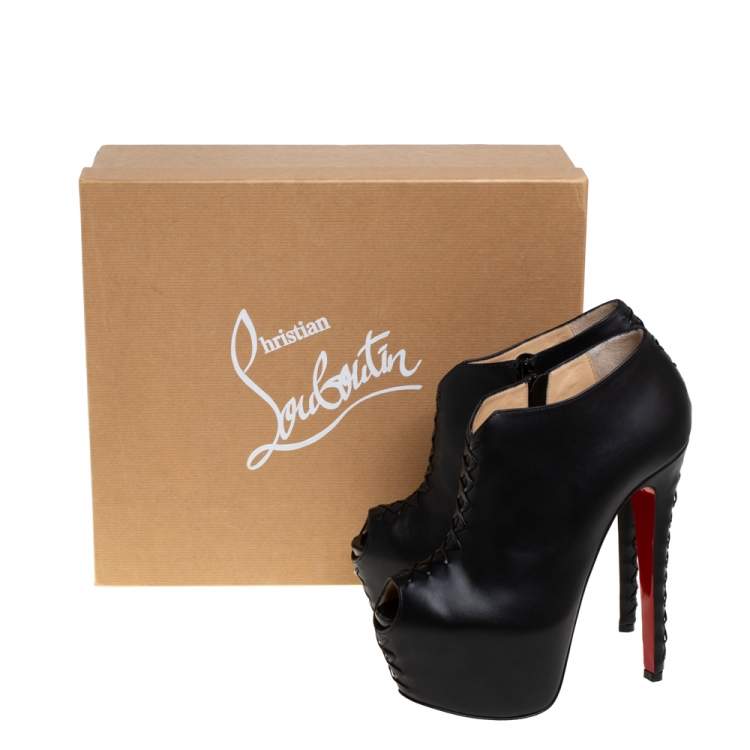 Pre Owned Christian Louboutin Black Leather Recouzetta Peep Toe Platform Booties Size 38