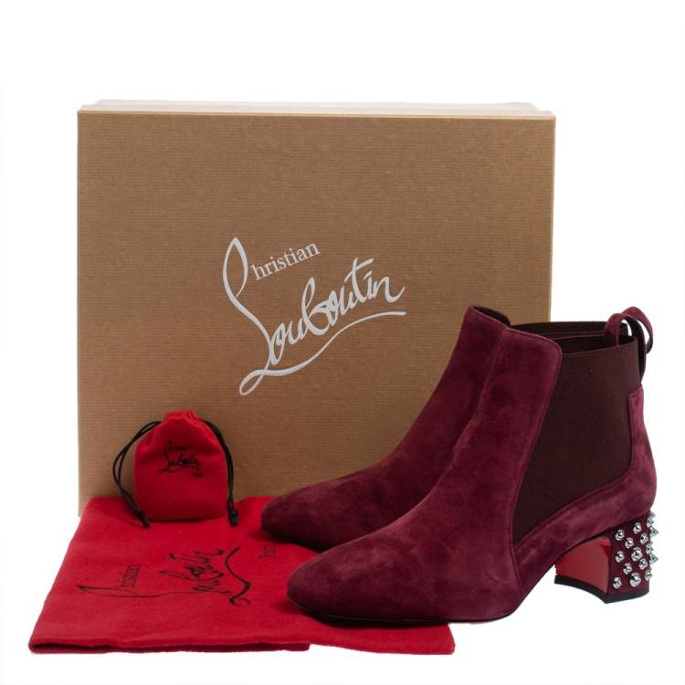 Pre Owned Christian Louboutin Burgundy Suede Study Block Heel Ankle Boots Size 37.5