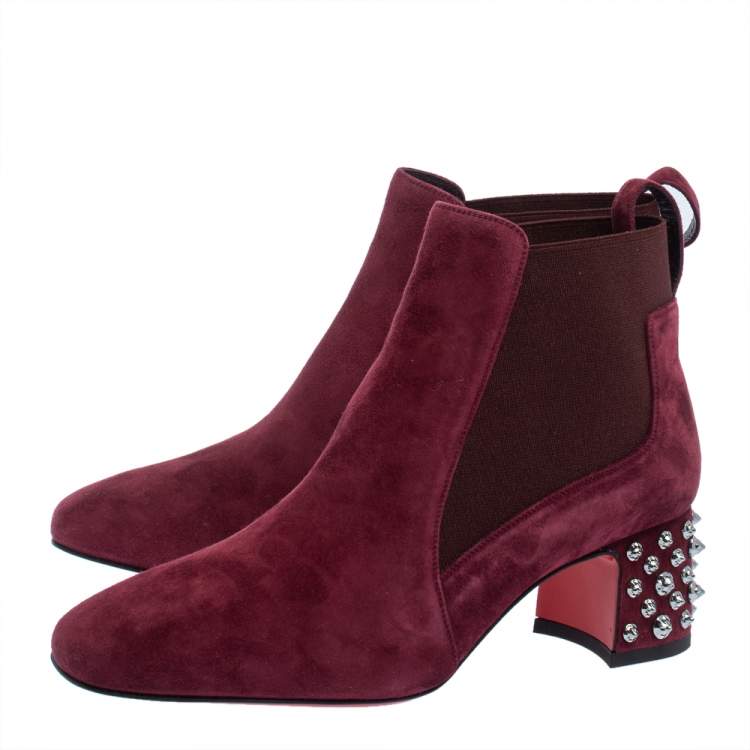 Pre Owned Christian Louboutin Burgundy Suede Study Block Heel Ankle Boots Size 37.5