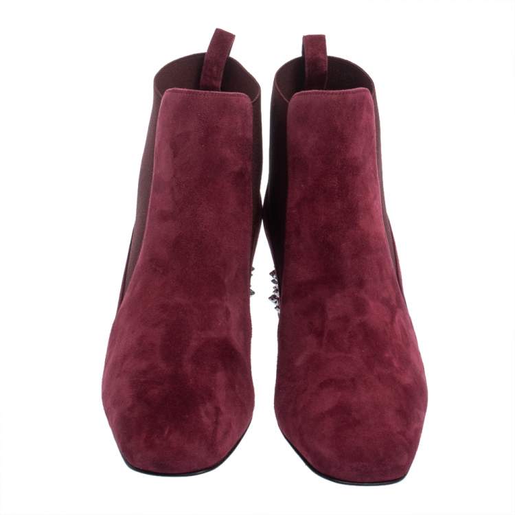 Pre Owned Christian Louboutin Burgundy Suede Study Block Heel Ankle Boots Size 37.5