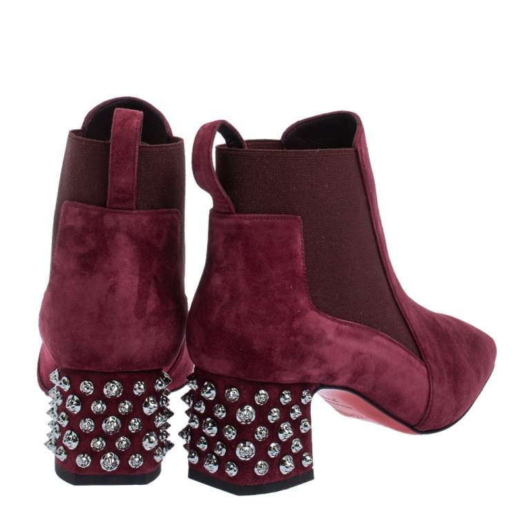 Pre Owned Christian Louboutin Burgundy Suede Study Block Heel Ankle Boots Size 37.5