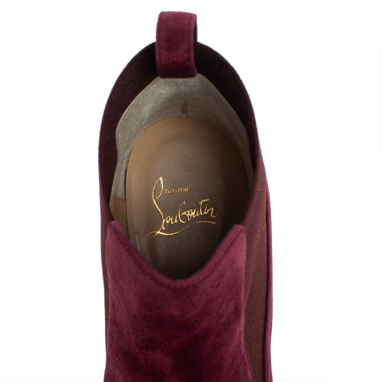 Pre Owned Christian Louboutin Burgundy Suede Study Block Heel Ankle Boots Size 37.5