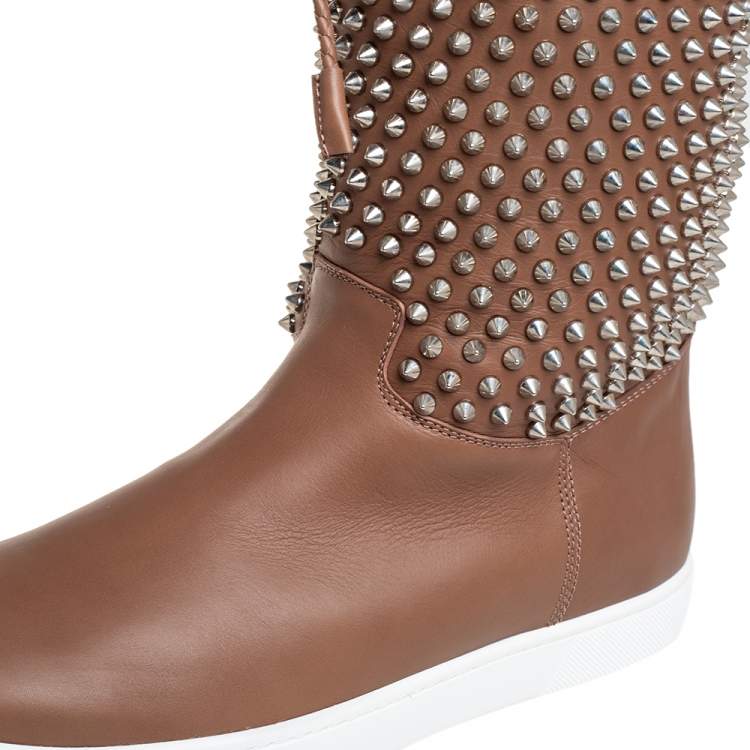 Pre Owned Christian Louboutin Brown Leather Surlapony Spiked Mid Calf Boots Size 41.5