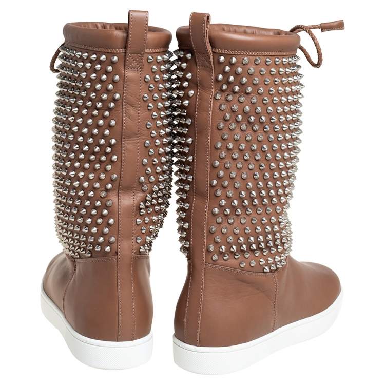 Pre Owned Christian Louboutin Brown Leather Surlapony Spiked Mid Calf Boots Size 41.5