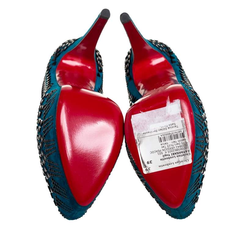 Pre Owned Christian Louboutin Blue Suede Decorapump Embellished Platform  Pumps Size 39