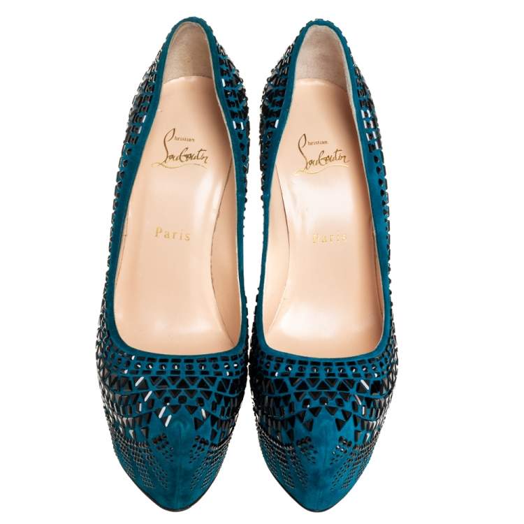 Pre Owned Christian Louboutin Blue Suede Decorapump Embellished Platform  Pumps Size 39