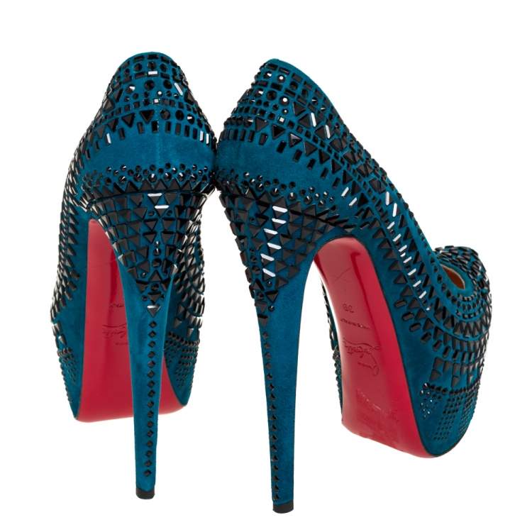 Pre Owned Christian Louboutin Blue Suede Decorapump Embellished Platform  Pumps Size 39