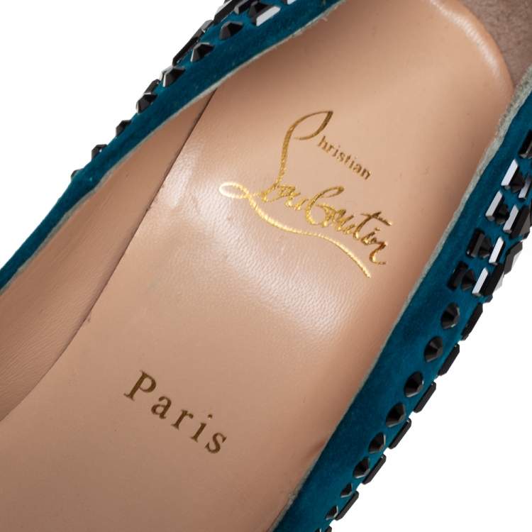 Pre Owned Christian Louboutin Blue Suede Decorapump Embellished Platform  Pumps Size 39