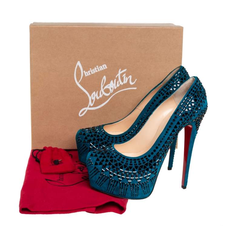 Pre Owned Christian Louboutin Blue Suede Decorapump Embellished Platform  Pumps Size 39