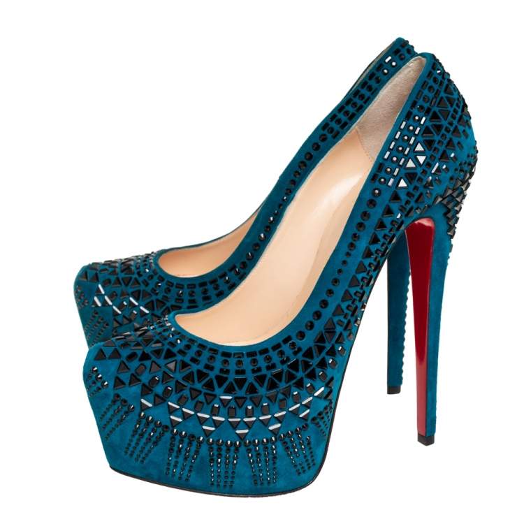 Pre Owned Christian Louboutin Blue Suede Decorapump Embellished Platform  Pumps Size 39