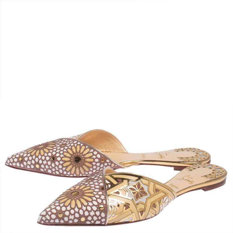Pre Owned Christian Louboutin Multicolor Laser Cut Leather And Suede Royal Mansour Flat Slipper Size 42
