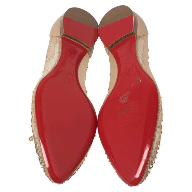 مملوكة مسبقًا Christian Louboutin Beige Mesh And Leather Strass Patio Ballet Flats Size 35.5