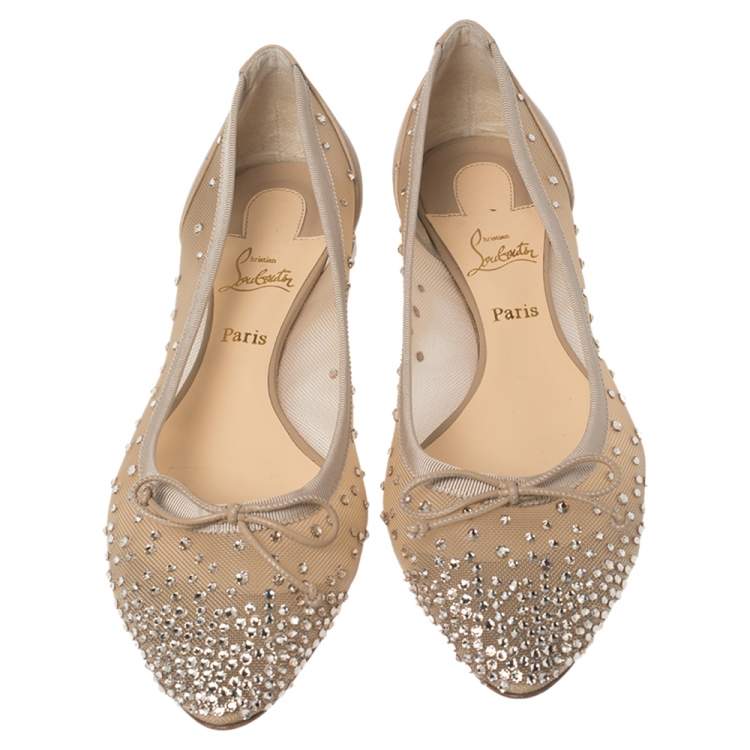 مملوكة مسبقًا Christian Louboutin Beige Mesh And Leather Strass Patio Ballet Flats Size 35.5