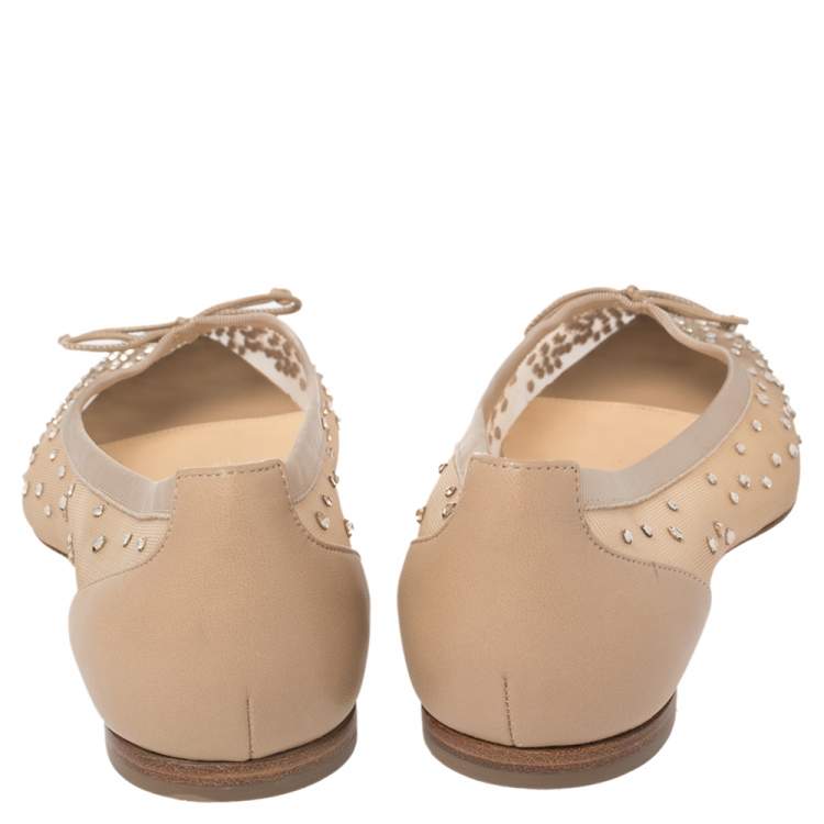مملوكة مسبقًا Christian Louboutin Beige Mesh And Leather Strass Patio Ballet Flats Size 35.5