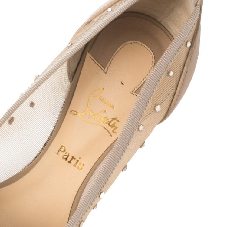 مملوكة مسبقًا Christian Louboutin Beige Mesh And Leather Strass Patio Ballet Flats Size 35.5