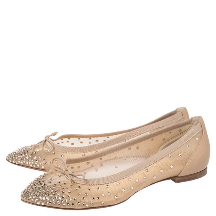 مملوكة مسبقًا Christian Louboutin Beige Mesh And Leather Strass Patio Ballet Flats Size 35.5